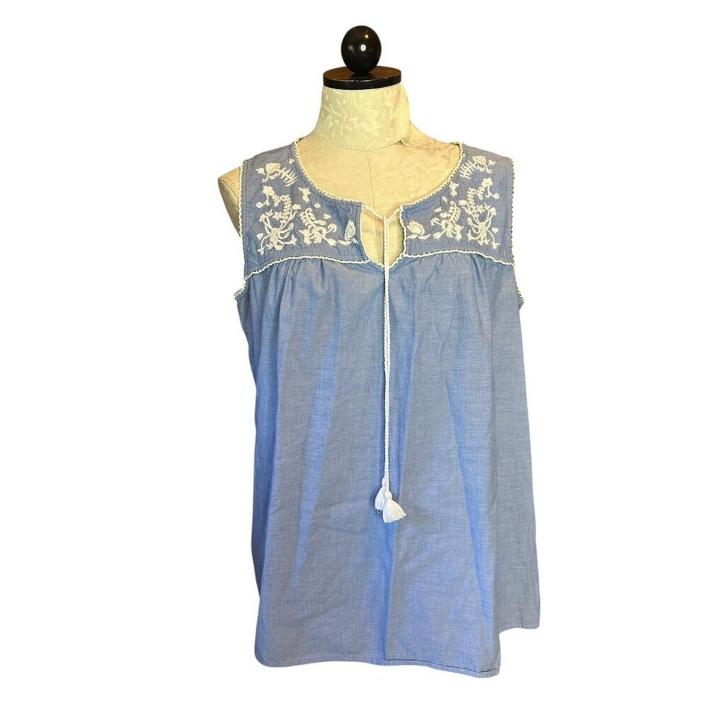 Talbots Womens Plus Size‎ 1X Sleeveless Denim Blouse Top V-Neck Embroidered Boho